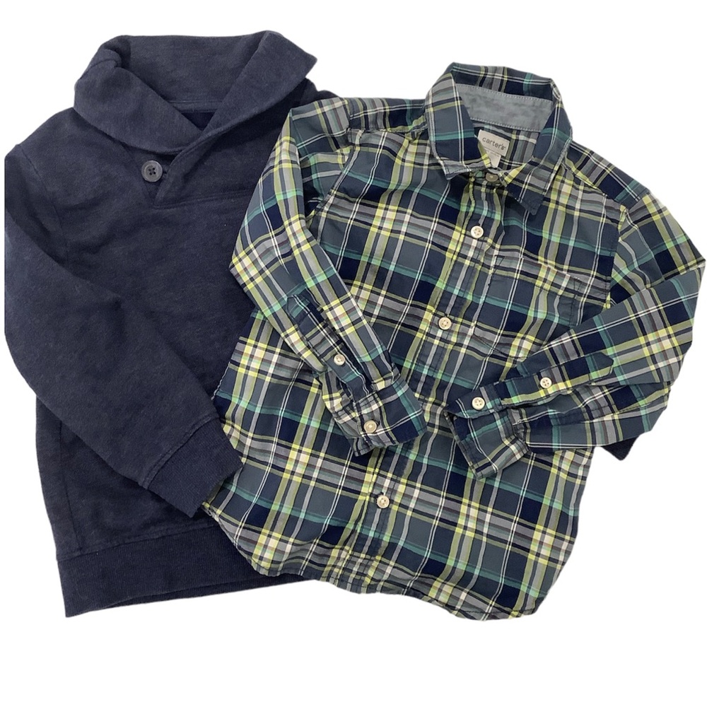 Boys 4T shirt bundle, button down plaid, blue sweater